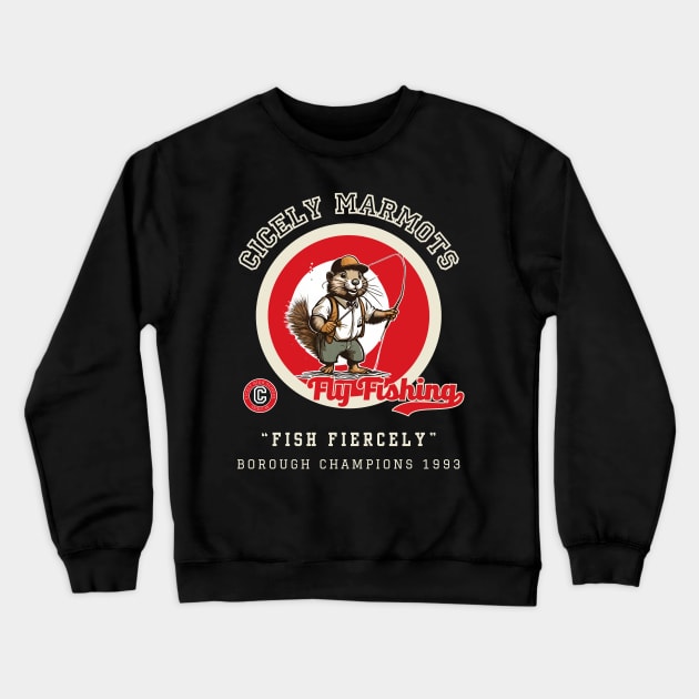 Cicely Marmots Varsity Fly Fishing Crewneck Sweatshirt by Ironymaiden 